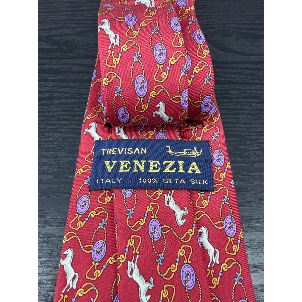 Trevisan Venezia Mens Red Silk Equestrian Horse Print Tie Made in Italy‎ - Picture 2 of 7